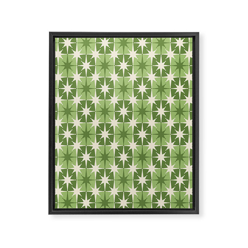 Mid Century Modern Atomic Stars Retro Checkered Starburst Pattern in Sage Olive Green Framed Canvas Print Gallery Image 6