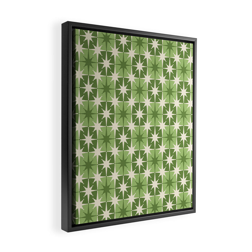 Mid Century Modern Atomic Stars Retro Checkered Starburst Pattern in Sage Olive Green Framed Canvas Print Gallery Image 2