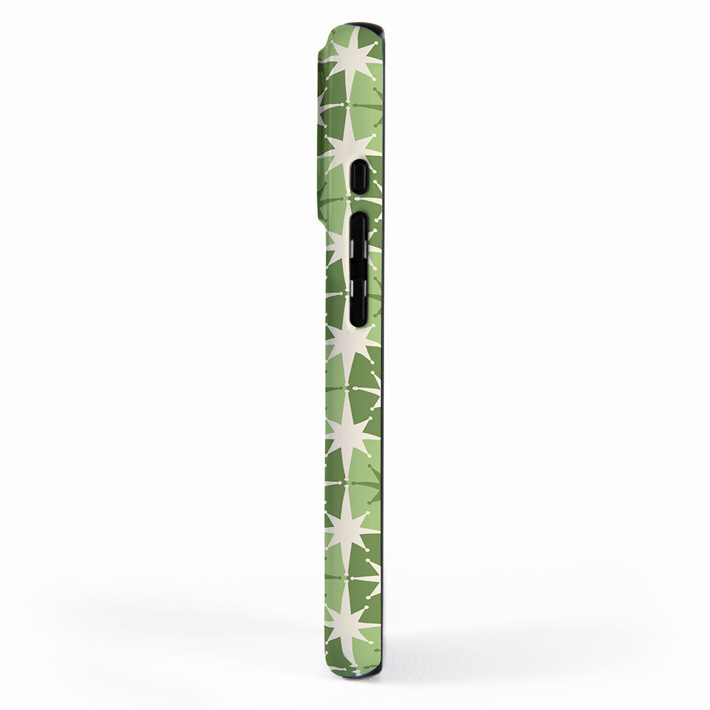 Mid Century Modern Atomic Stars Retro Checkered Starburst Pattern in Sage Olive Green iPhone Case Gallery Image 2