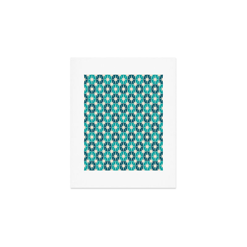 Mid Century Modern Atomic Stars Retro Checkered Starburst Pattern in Teal Blue and Cream Art Print Gallery Image 1