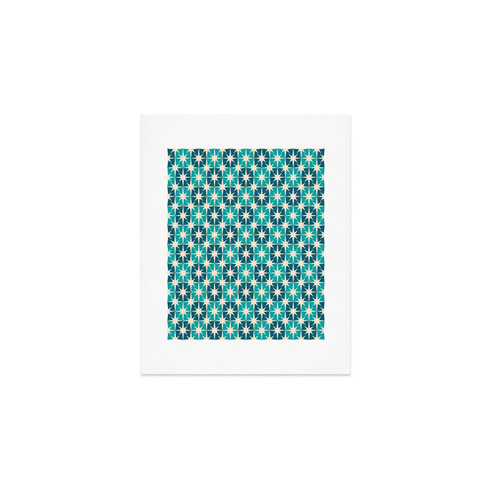 Mid Century Modern Atomic Stars Retro Checkered Starburst Pattern in Teal Blue and Cream Art Print Gallery Image 1