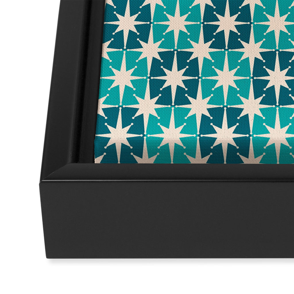 Mid Century Modern Atomic Stars Retro Checkered Starburst Pattern in Teal Blue and Cream Framed Canvas Print Gallery Image 3