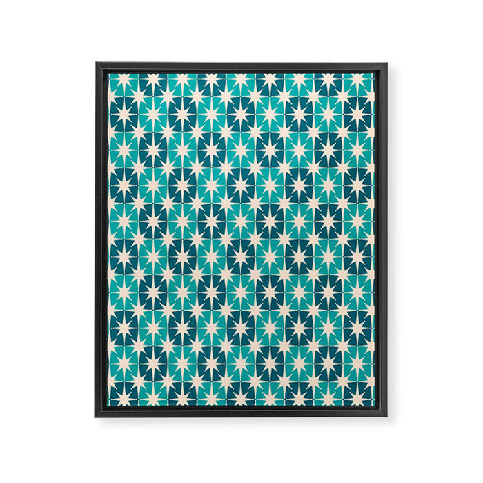 Mid Century Modern Atomic Stars Retro Checkered Starburst Pattern in Teal Blue and Cream Framed Canvas Print Gallery Image 1