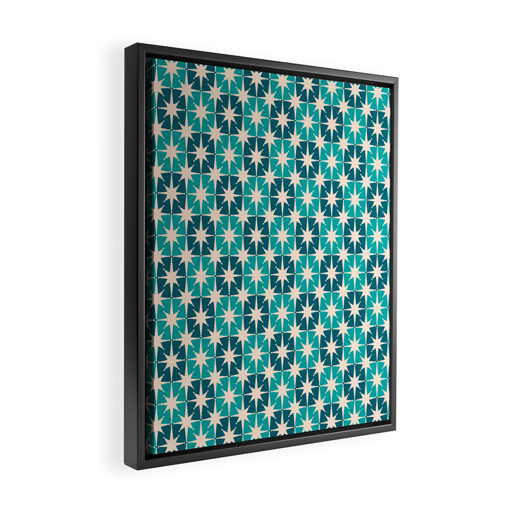 Mid Century Modern Atomic Stars Retro Checkered Starburst Pattern in Teal Blue and Cream Framed Canvas Print Gallery Image 2