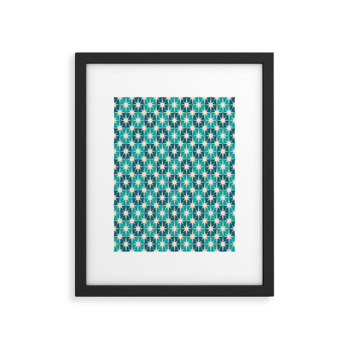 Mid Century Modern Atomic Stars Retro Checkered Starburst Pattern in Teal Blue and Cream Framed Art Print Gallery Image 1