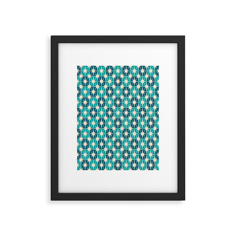 Mid Century Modern Atomic Stars Retro Checkered Starburst Pattern in Teal Blue and Cream Framed Art Print Gallery Image 5