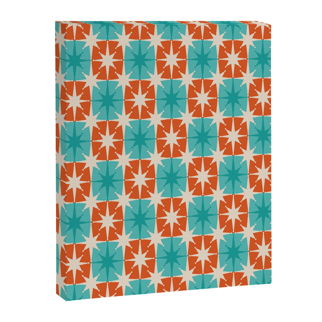 Mid Century Modern Atomic Stars Retro Checkered Starburst Pattern in Teal Turquoise Orange Canvas Print Gallery Image 6