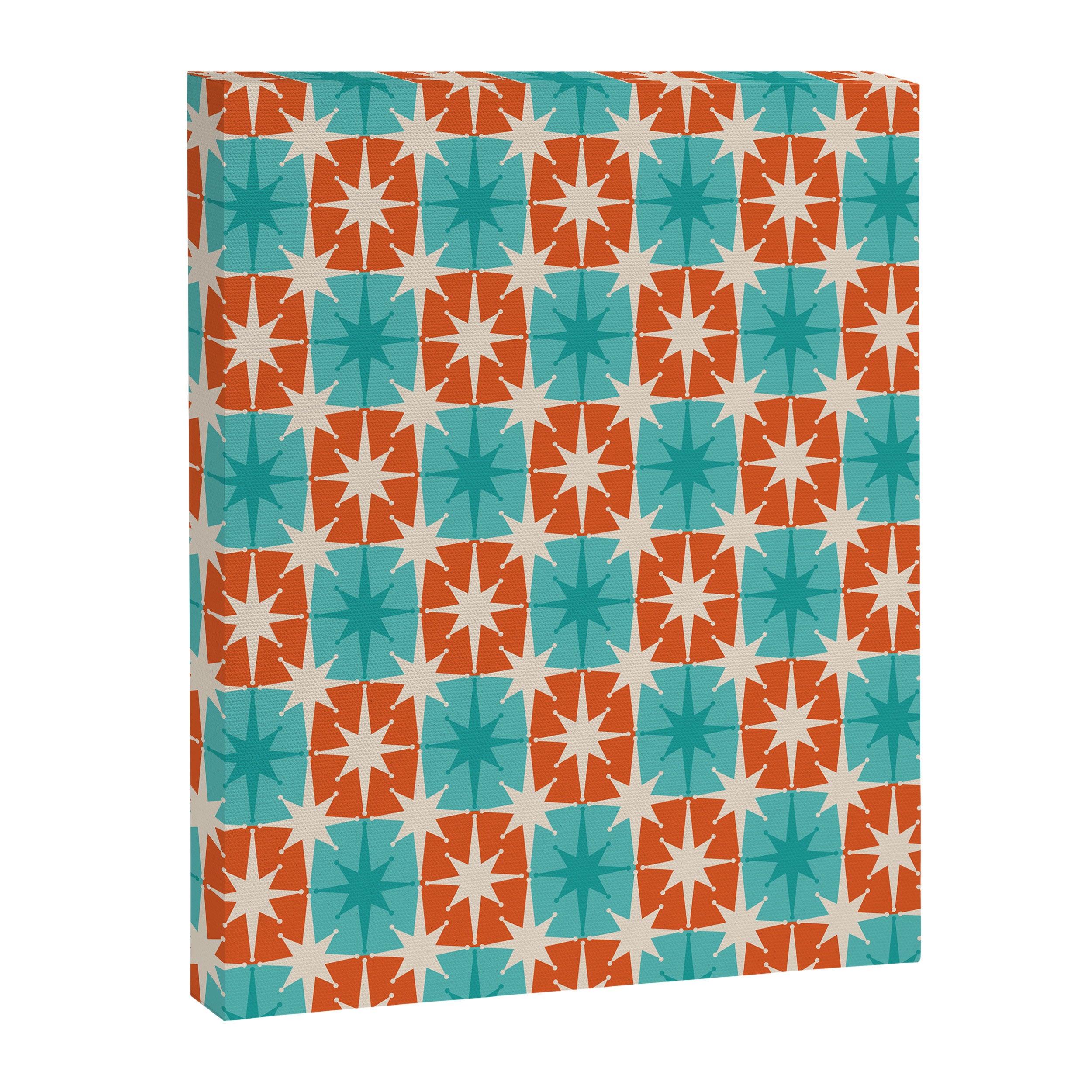 Mid Century Modern Atomic Stars Retro Checkered Starburst Pattern in Teal Turquoise Orange Canvas Print Gallery Image 6