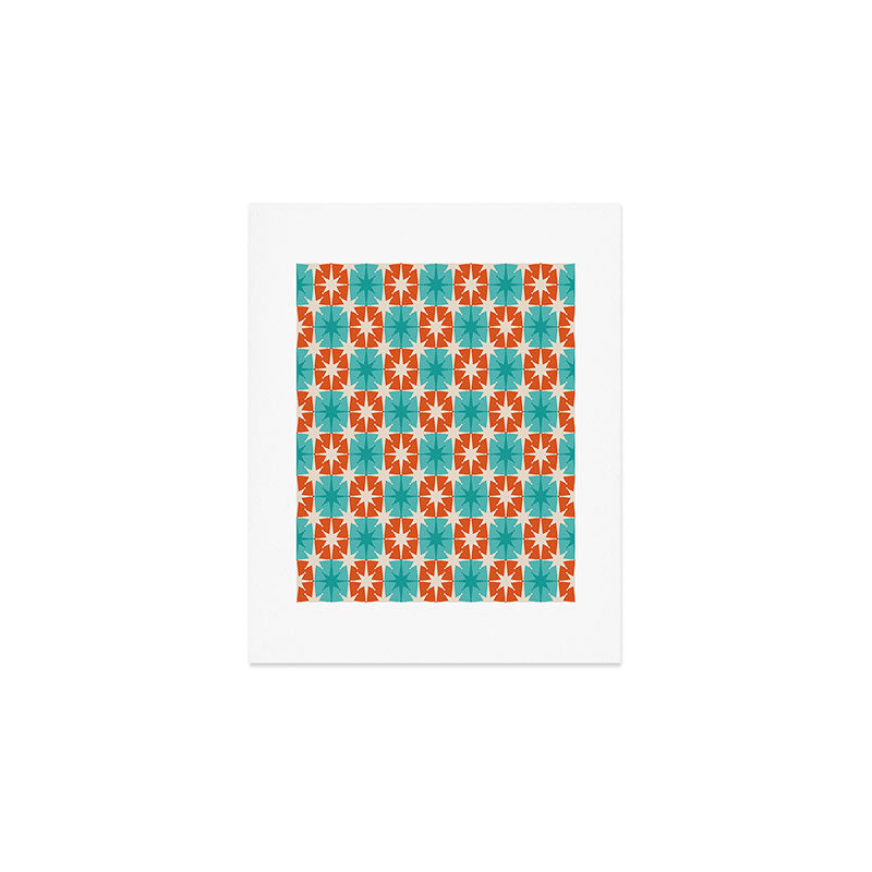 Mid Century Modern Atomic Stars Retro Checkered Starburst Pattern in Teal Turquoise Orange Art Print Gallery Image 1