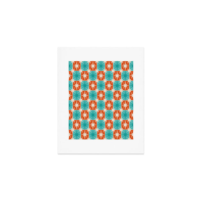 Mid Century Modern Atomic Stars Retro Checkered Starburst Pattern in Teal Turquoise Orange Art Print Gallery Image 1