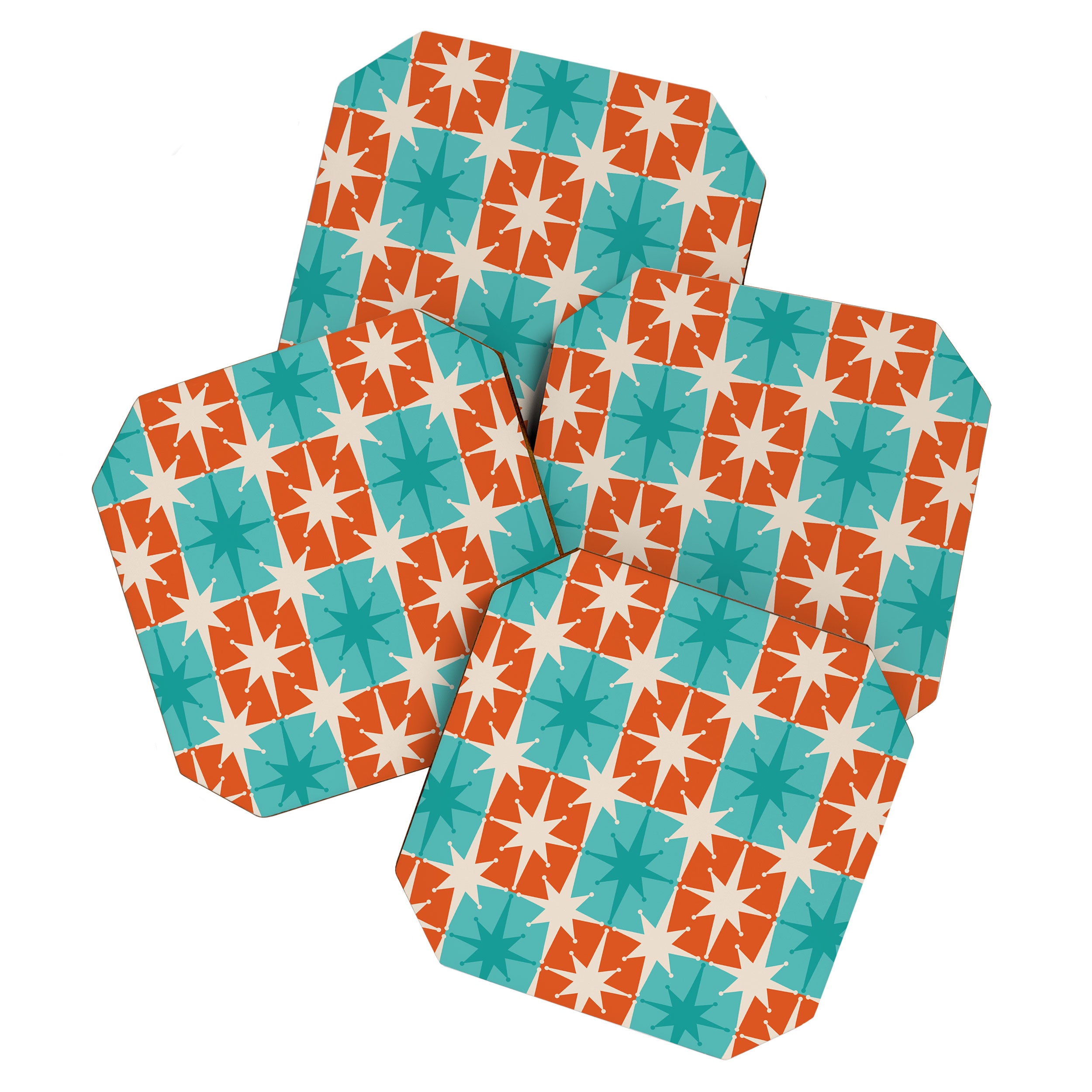 Mid Century Modern Atomic Stars Retro Checkered Starburst Pattern in Teal Turquoise Orange Coaster Gallery Image 1