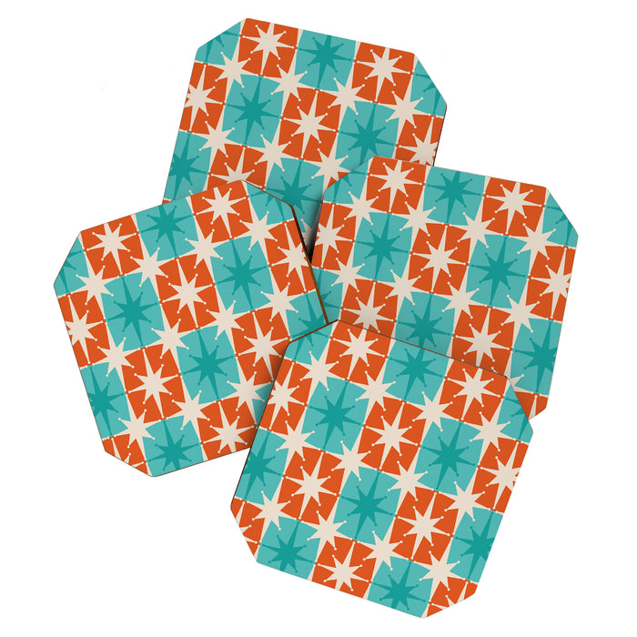 Mid Century Modern Atomic Stars Retro Checkered Starburst Pattern in Teal Turquoise Orange Coaster Gallery Image 1