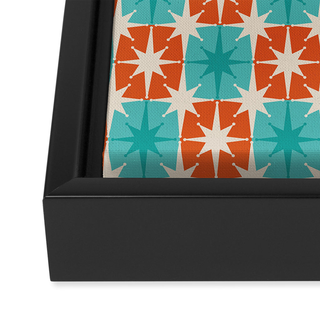 Mid Century Modern Atomic Stars Retro Checkered Starburst Pattern in Teal Turquoise Orange Framed Canvas Print Gallery Image 3