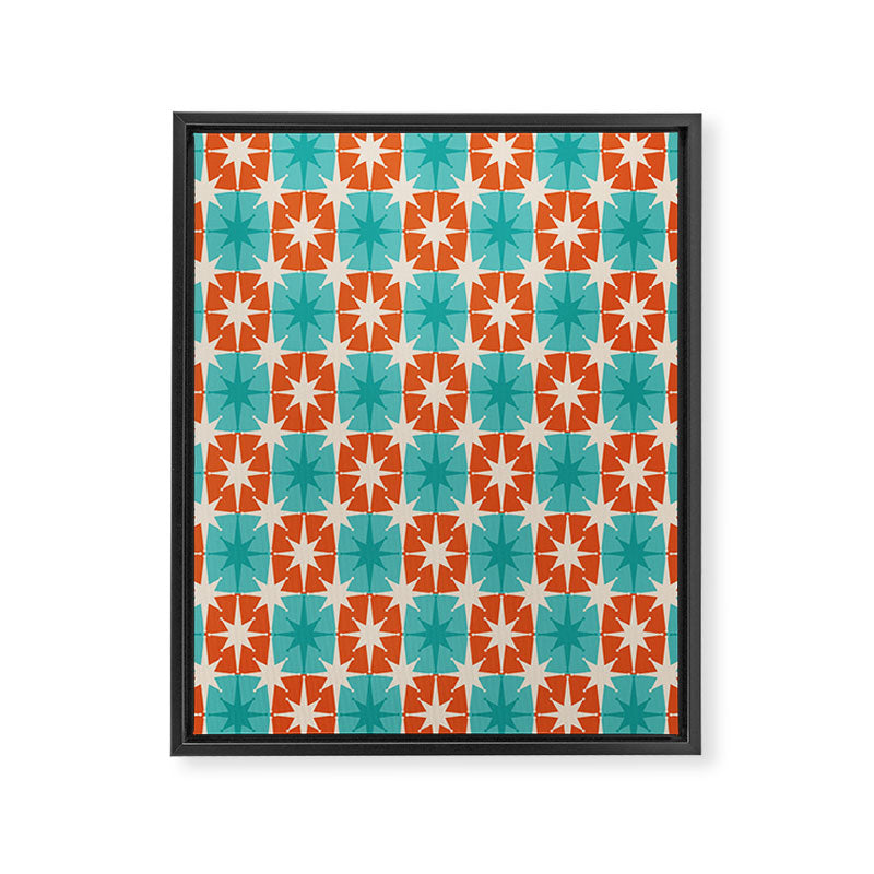 Mid Century Modern Atomic Stars Retro Checkered Starburst Pattern in Teal Turquoise Orange Framed Canvas Print Gallery Image 6