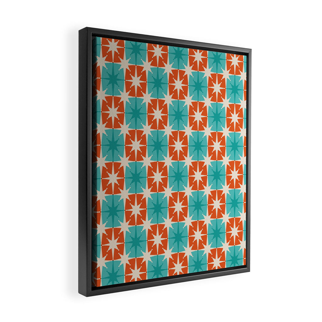 Mid Century Modern Atomic Stars Retro Checkered Starburst Pattern in Teal Turquoise Orange Framed Canvas Print Gallery Image 2