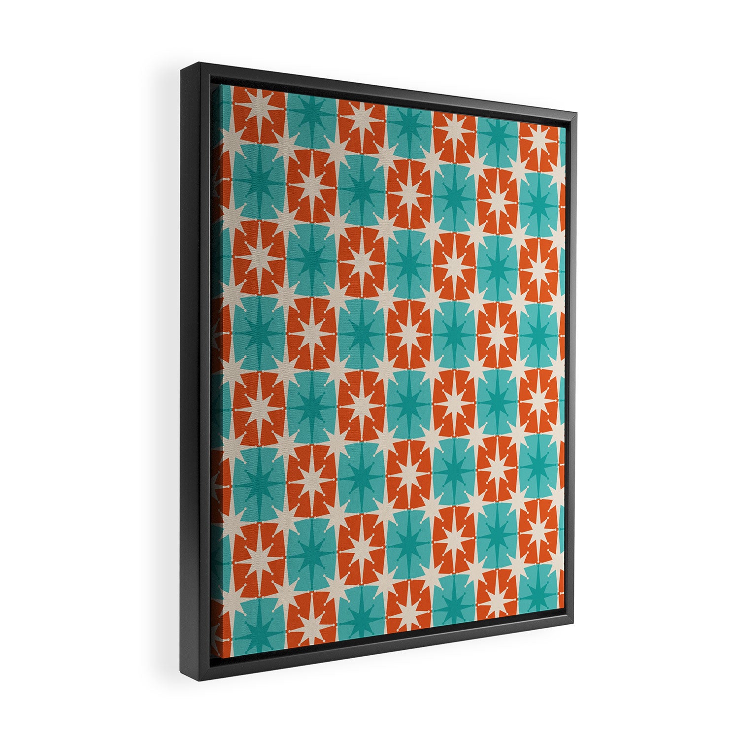 Mid Century Modern Atomic Stars Retro Checkered Starburst Pattern in Teal Turquoise Orange Framed Canvas Print Gallery Image 2