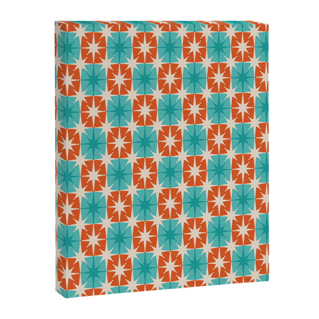 Mid Century Modern Atomic Stars Retro Checkered Starburst Pattern in Teal Turquoise Orange Canvas Print Gallery Image 6