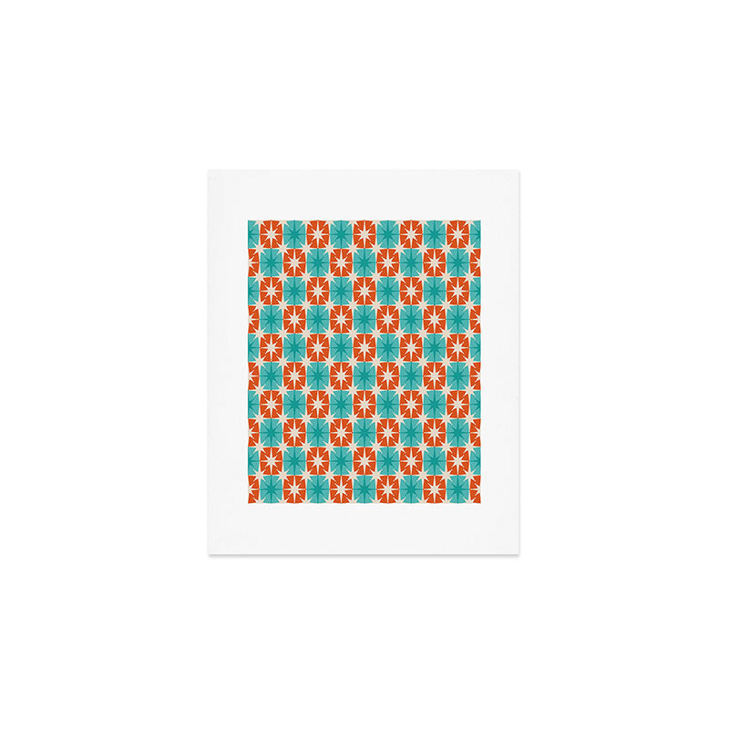 Mid Century Modern Atomic Stars Retro Checkered Starburst Pattern in Teal Turquoise Orange Art Print Gallery Image 1
