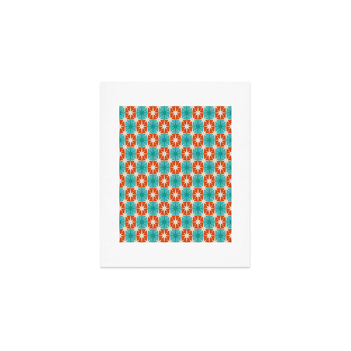 Mid Century Modern Atomic Stars Retro Checkered Starburst Pattern in Teal Turquoise Orange Art Print Gallery Image 1
