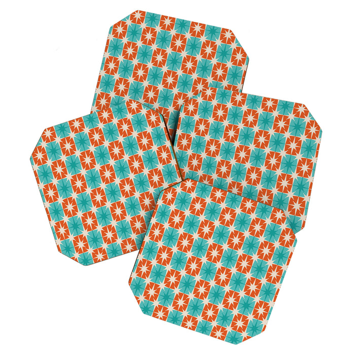Mid Century Modern Atomic Stars Retro Checkered Starburst Pattern in Teal Turquoise Orange Coaster Gallery Image 1