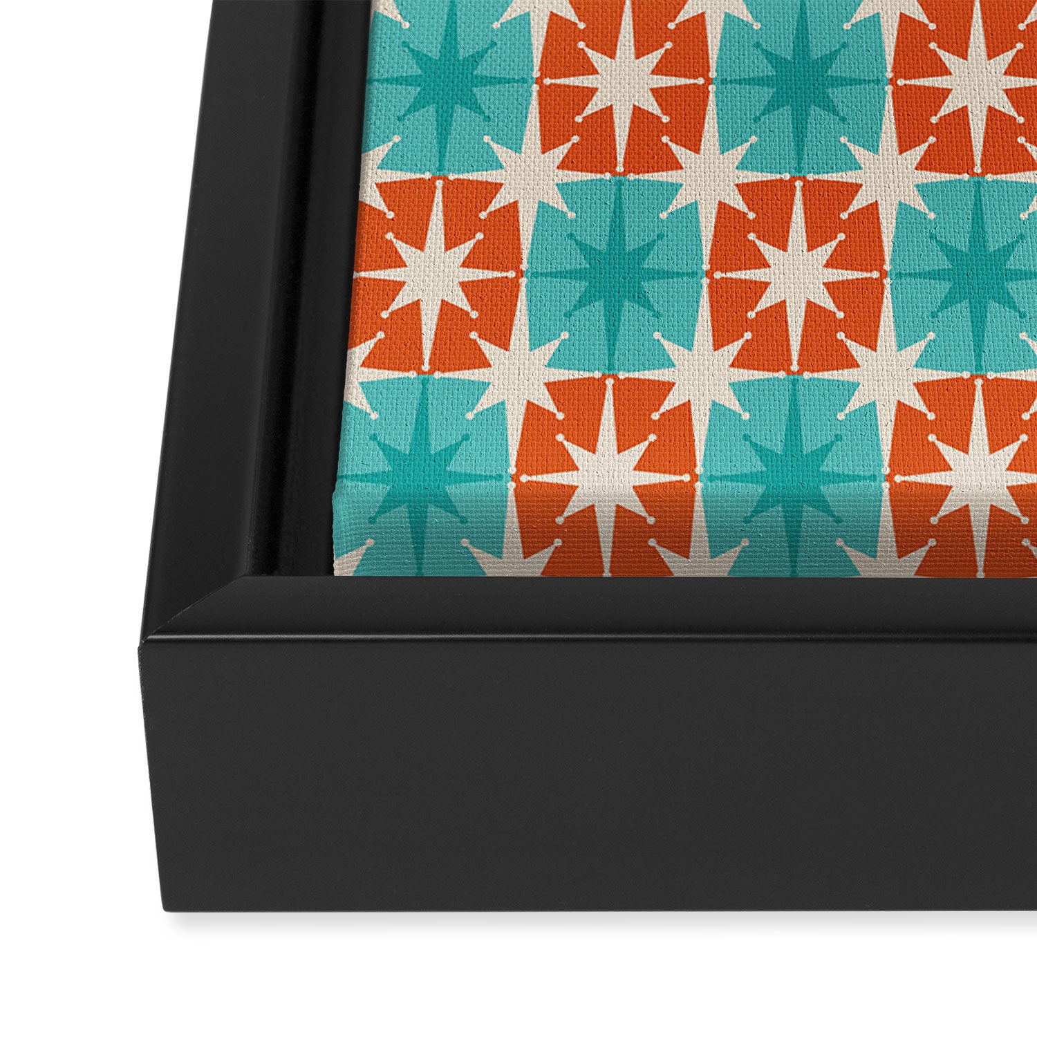 Mid Century Modern Atomic Stars Retro Checkered Starburst Pattern in Teal Turquoise Orange Framed Canvas Print Gallery Image 3