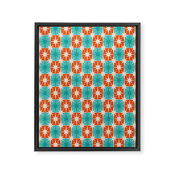 Mid Century Modern Atomic Stars Retro Checkered Starburst Pattern in Teal Turquoise Orange Framed Canvas Print Gallery Image 1