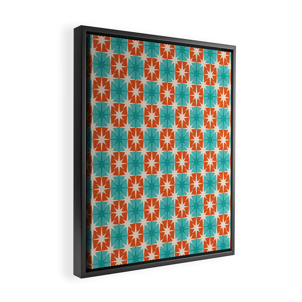 Mid Century Modern Atomic Stars Retro Checkered Starburst Pattern in Teal Turquoise Orange Framed Canvas Print Gallery Image 2