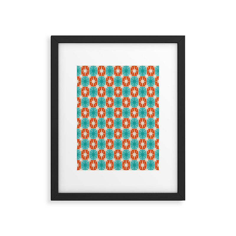 Mid Century Modern Atomic Stars Retro Checkered Starburst Pattern in Teal Turquoise Orange Framed Art Print Gallery Image 5