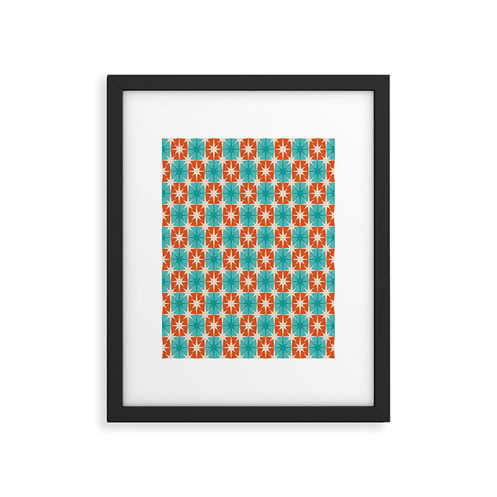 Mid Century Modern Atomic Stars Retro Checkered Starburst Pattern in Teal Turquoise Orange Framed Art Print Gallery Image 1