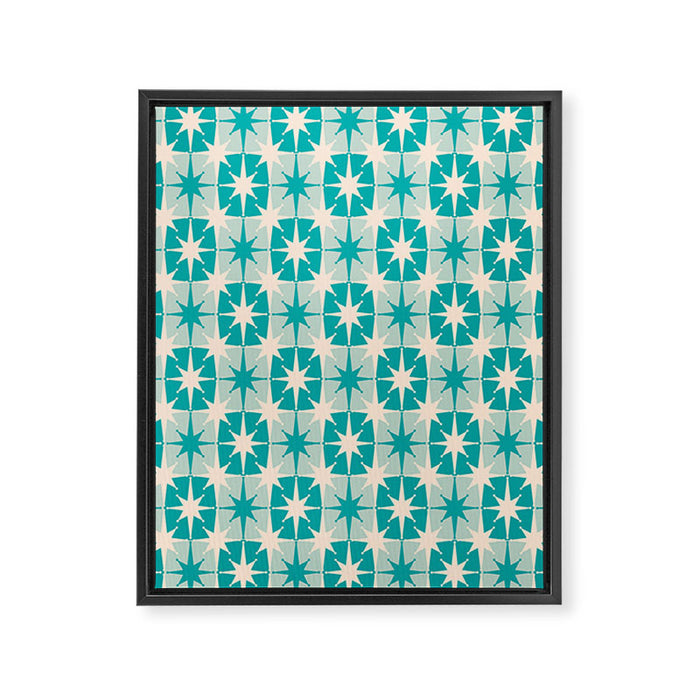 Mid Century Modern Atomic Stars Retro Checkered Starburst Pattern in Turquoise Aqua Teal Framed Canvas Print Gallery Image 1
