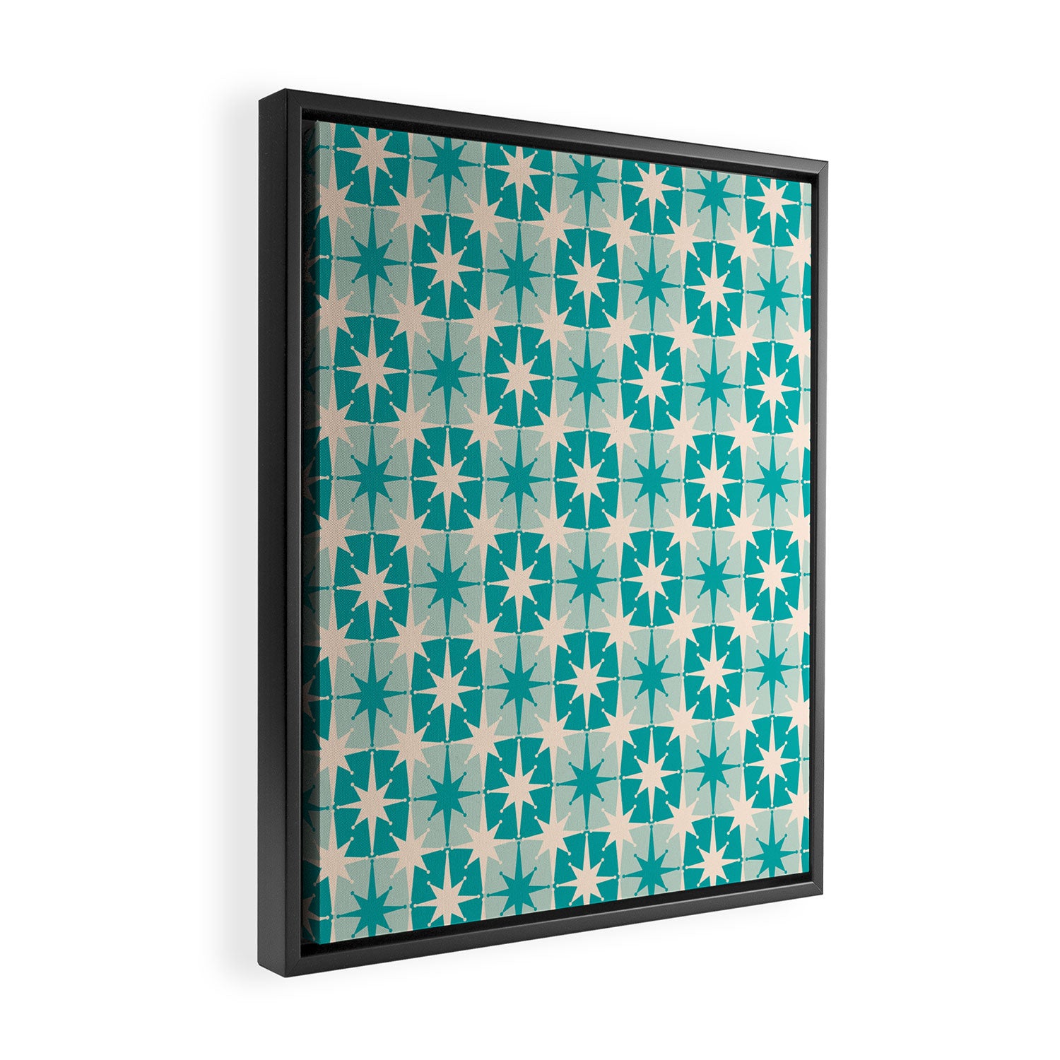 Mid Century Modern Atomic Stars Retro Checkered Starburst Pattern in Turquoise Aqua Teal Framed Canvas Print Gallery Image 2