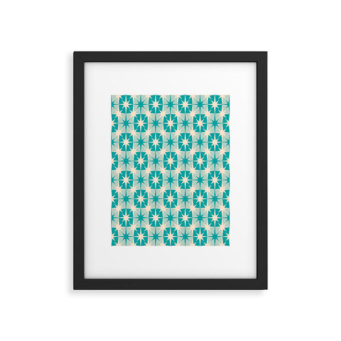 Mid Century Modern Atomic Stars Retro Checkered Starburst Pattern in Turquoise Aqua Teal Framed Art Print Gallery Image 1