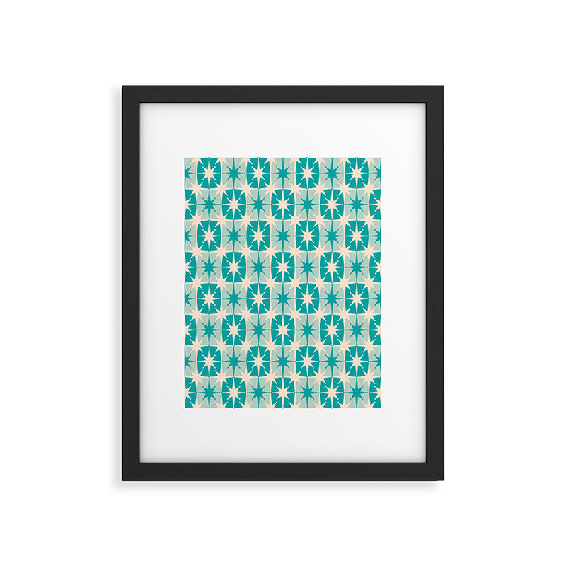 Mid Century Modern Atomic Stars Retro Checkered Starburst Pattern in Turquoise Aqua Teal Framed Art Print Gallery Image 5
