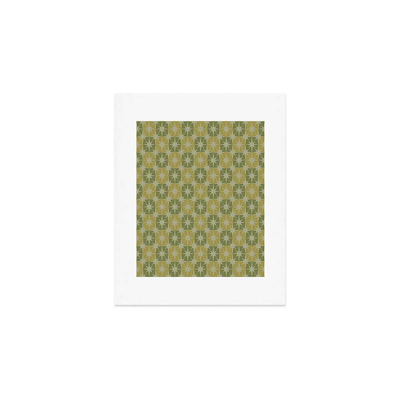 Mid Century Modern Atomic Stars Retro Checkered Starburst Pattern in Vintage Olive Green Tones Art Print Gallery Image 1
