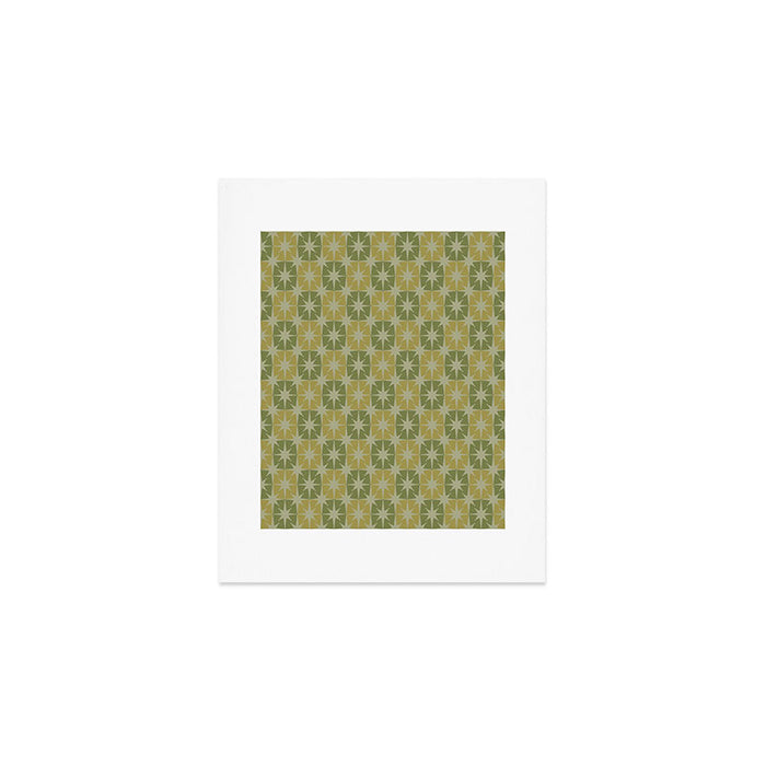 Mid Century Modern Atomic Stars Retro Checkered Starburst Pattern in Vintage Olive Green Tones Art Print Gallery Image 1