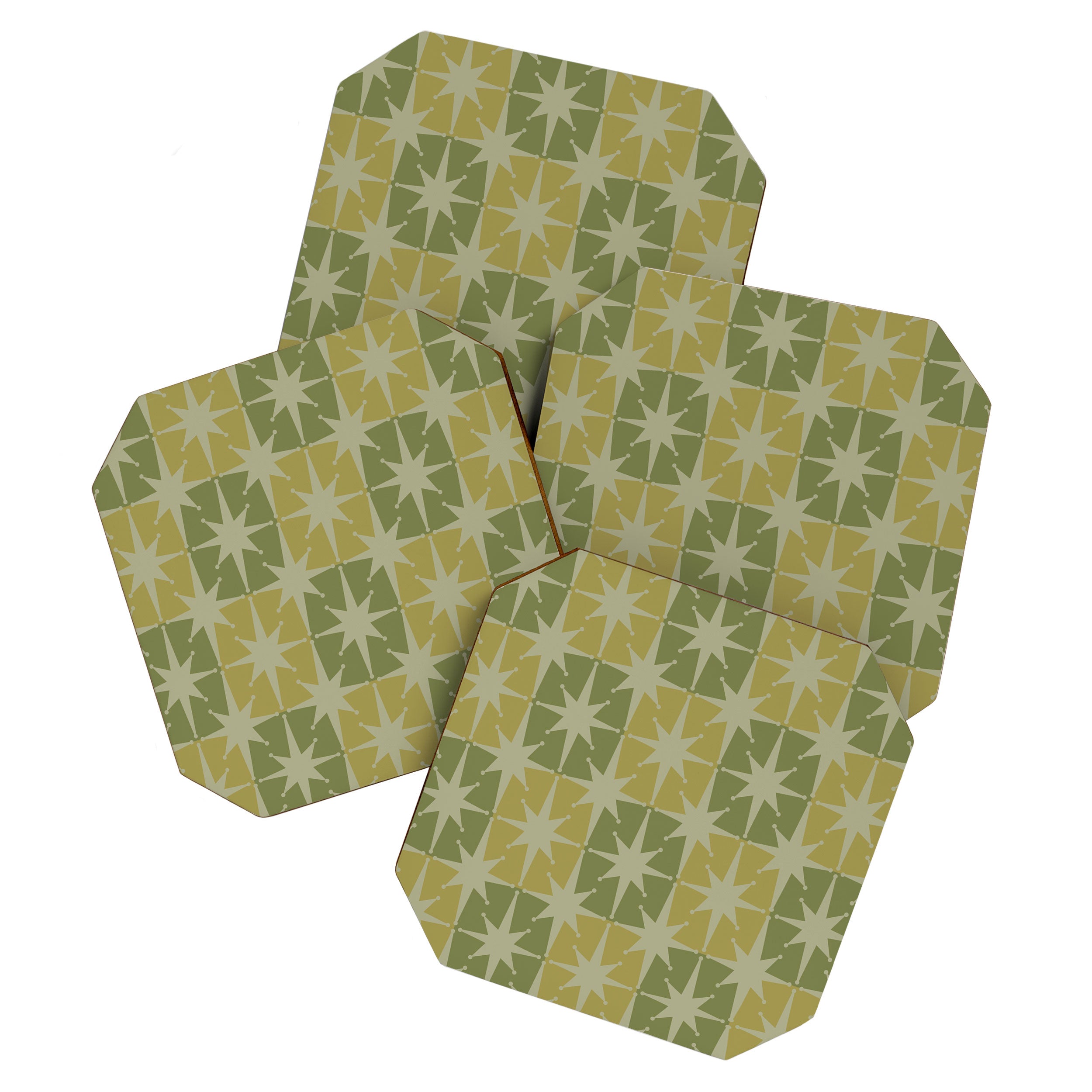 Mid Century Modern Atomic Stars Retro Checkered Starburst Pattern in Vintage Olive Green Tones Coaster Gallery Image 1