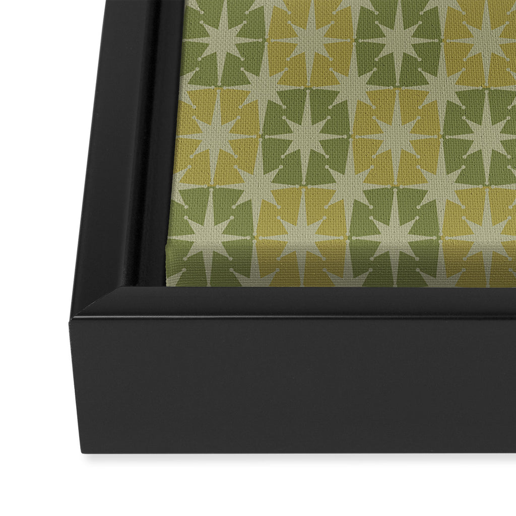 Mid Century Modern Atomic Stars Retro Checkered Starburst Pattern in Vintage Olive Green Tones Framed Canvas Print Gallery Image 3
