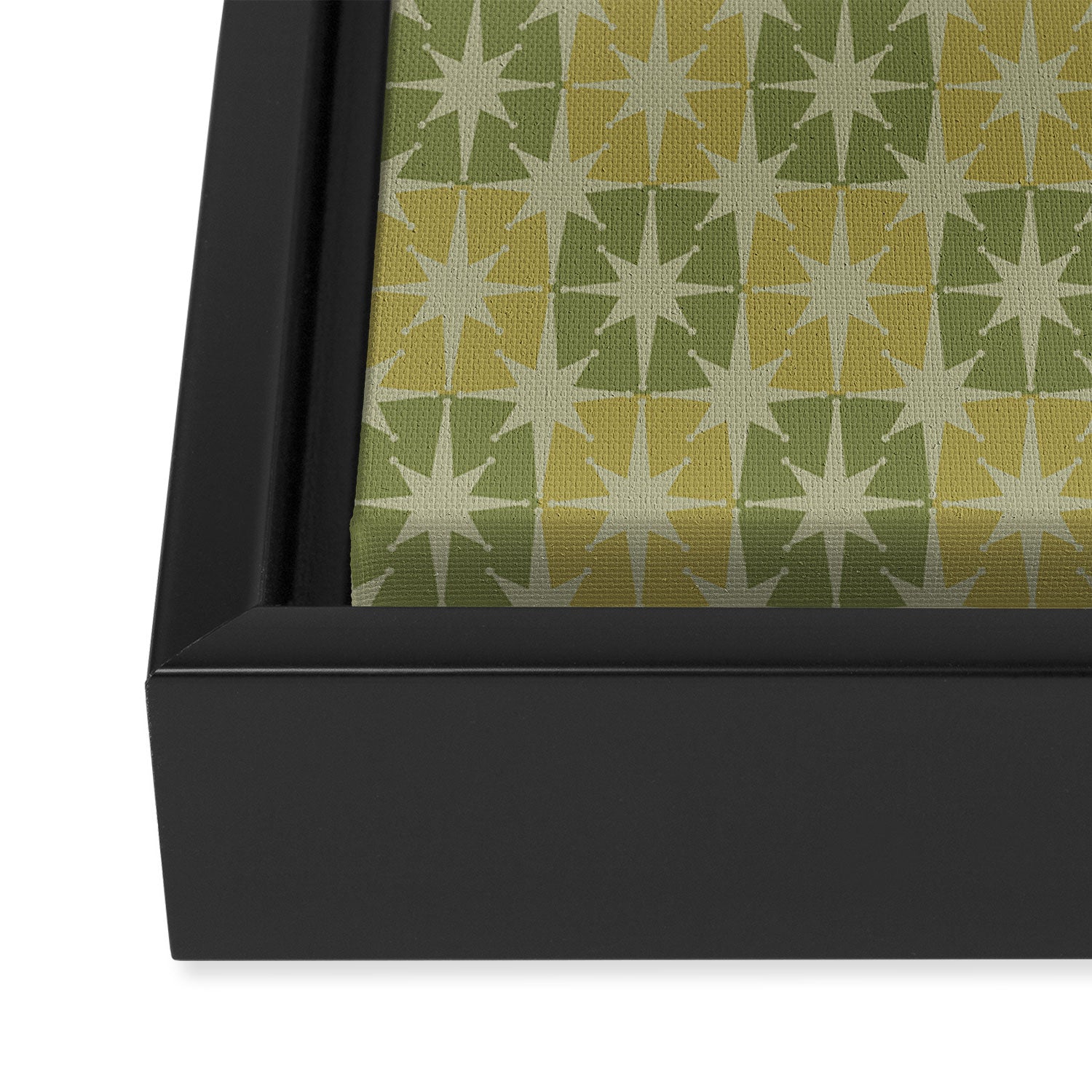 Mid Century Modern Atomic Stars Retro Checkered Starburst Pattern in Vintage Olive Green Tones Framed Canvas Print Gallery Image 3