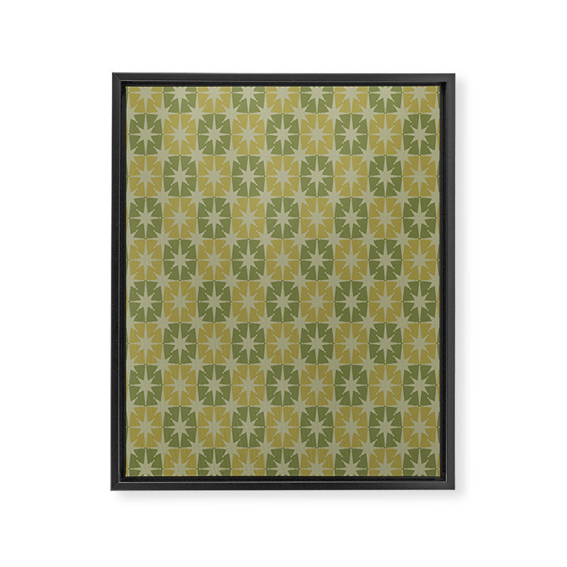 Mid Century Modern Atomic Stars Retro Checkered Starburst Pattern in Vintage Olive Green Tones Framed Canvas Print Gallery Image 6