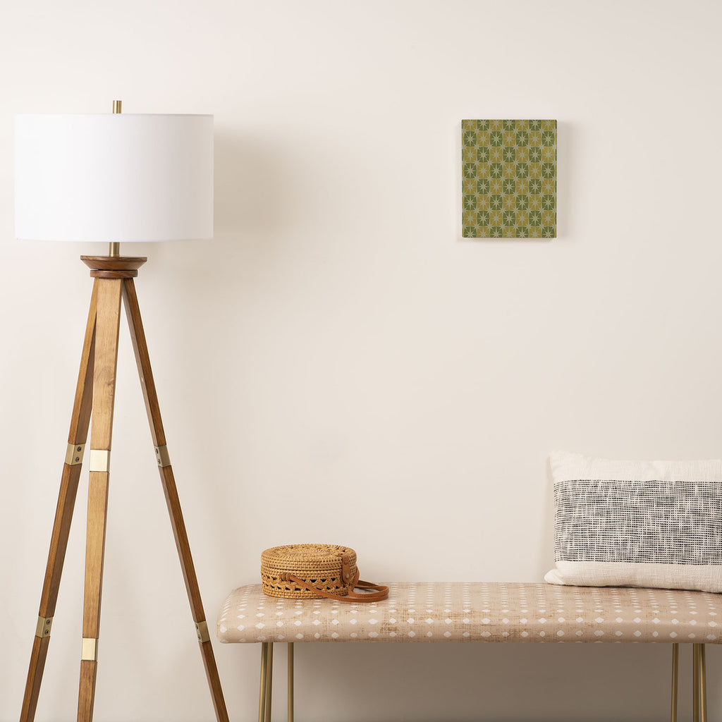 Mid Century Modern Atomic Stars Retro Checkered Starburst Pattern in Vintage Olive Green Tones Canvas Print Gallery Image 2