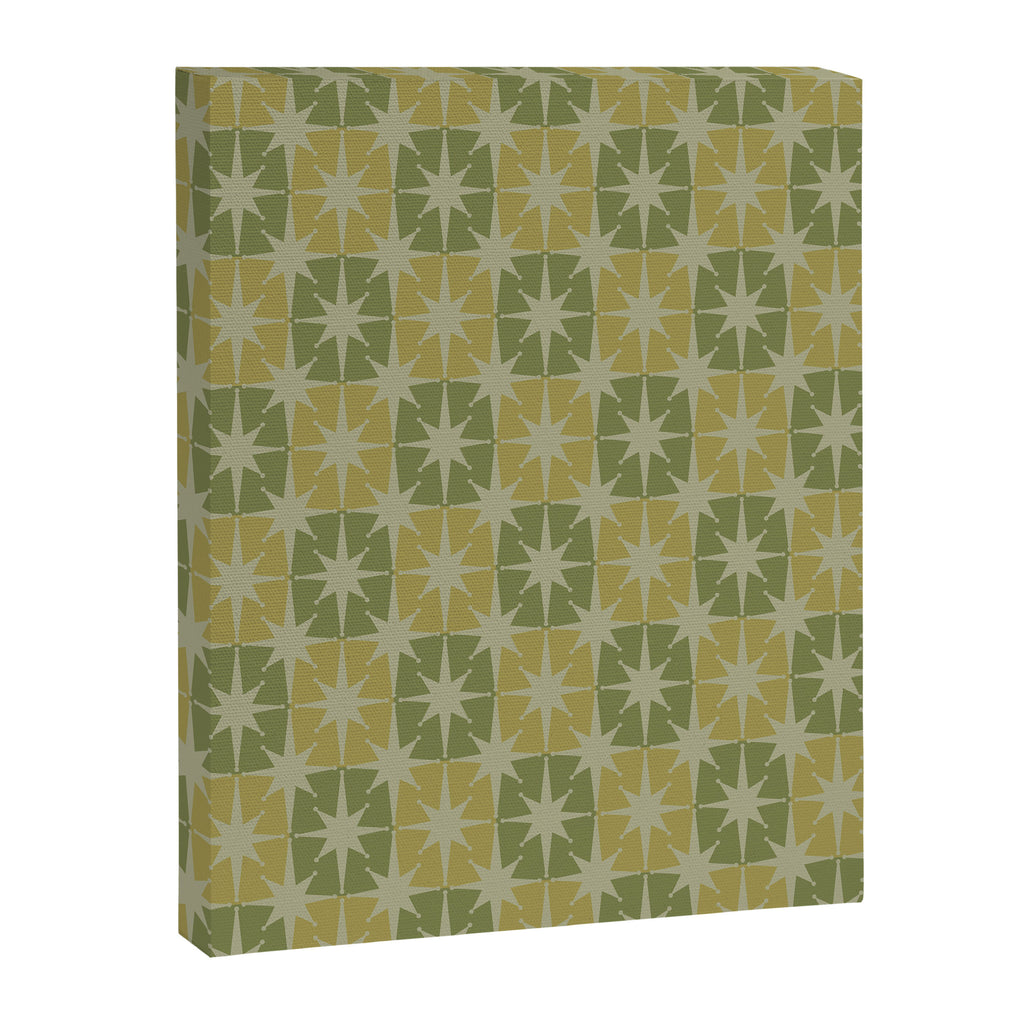 Mid Century Modern Atomic Stars Retro Checkered Starburst Pattern in Vintage Olive Green Tones Canvas Print Gallery Image 6