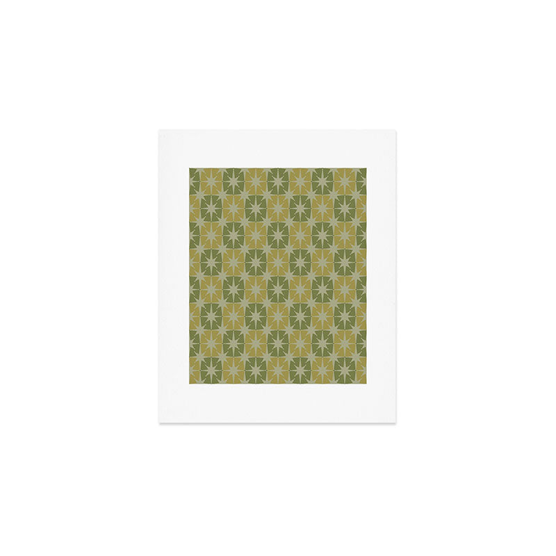 Mid Century Modern Atomic Stars Retro Checkered Starburst Pattern in Vintage Olive Green Tones Art Print Gallery Image 1