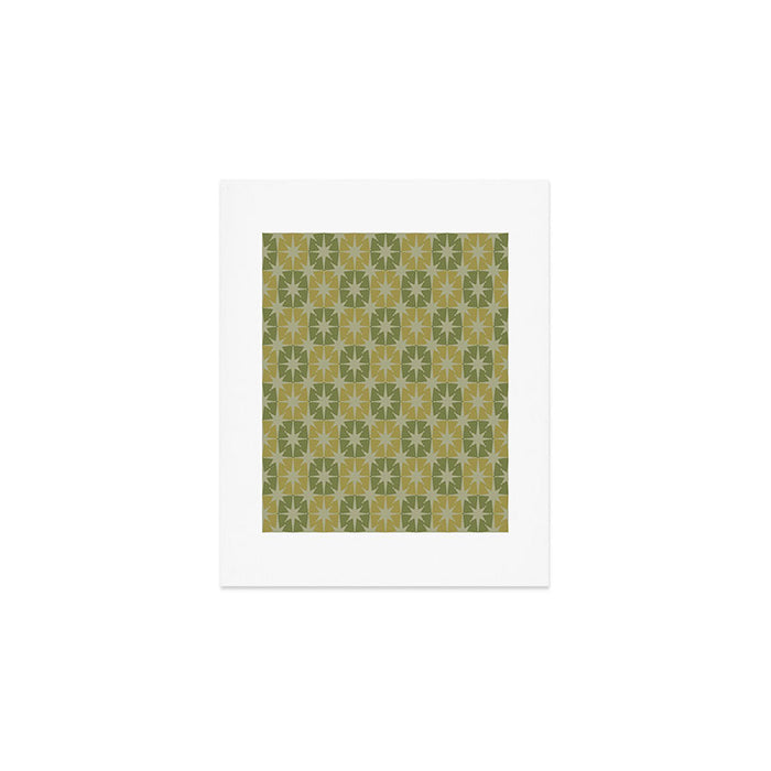 Mid Century Modern Atomic Stars Retro Checkered Starburst Pattern in Vintage Olive Green Tones Art Print Gallery Image 1