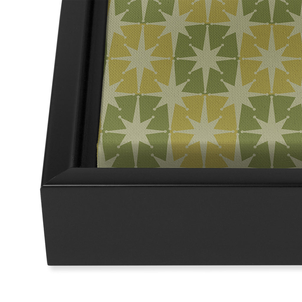 Mid Century Modern Atomic Stars Retro Checkered Starburst Pattern in Vintage Olive Green Tones Framed Canvas Print Gallery Image 3