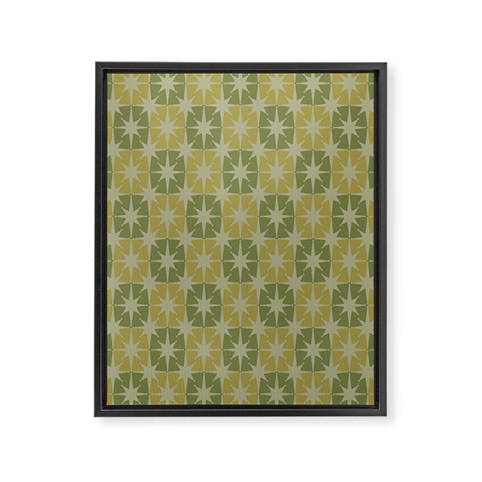 Mid Century Modern Atomic Stars Retro Checkered Starburst Pattern in Vintage Olive Green Tones Framed Canvas Print Gallery Image 1