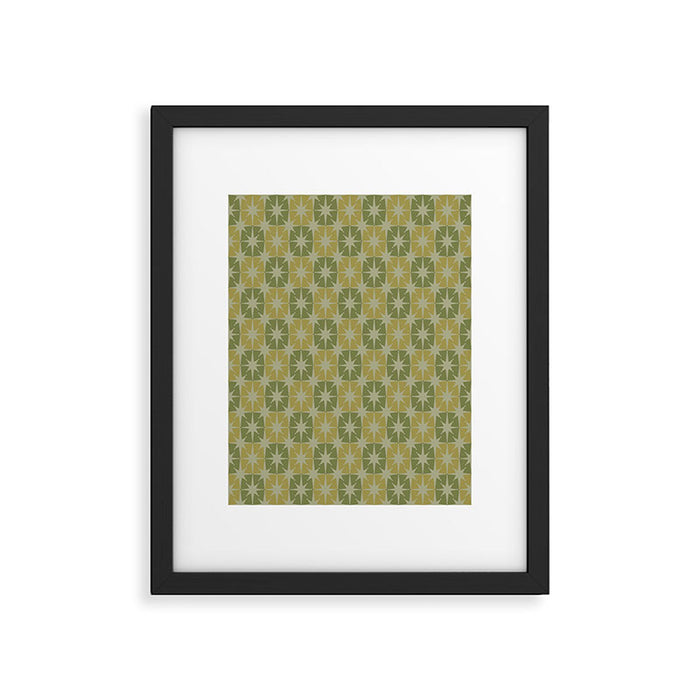 Mid Century Modern Atomic Stars Retro Checkered Starburst Pattern in Vintage Olive Green Tones Framed Art Print Gallery Image 1