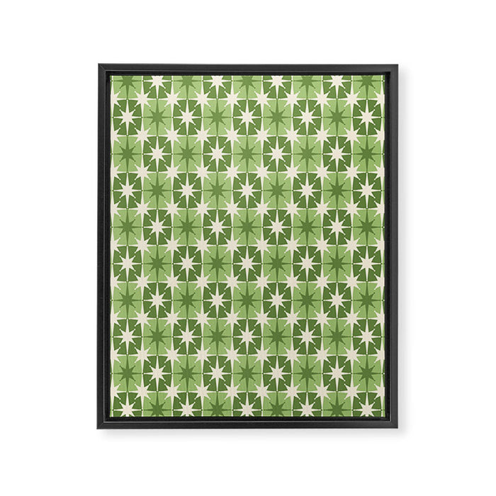 Mid Century Modern Atomic Stars Retro Checkered Starburst Pattern Sage Olive Green Framed Canvas Print Gallery Image 1