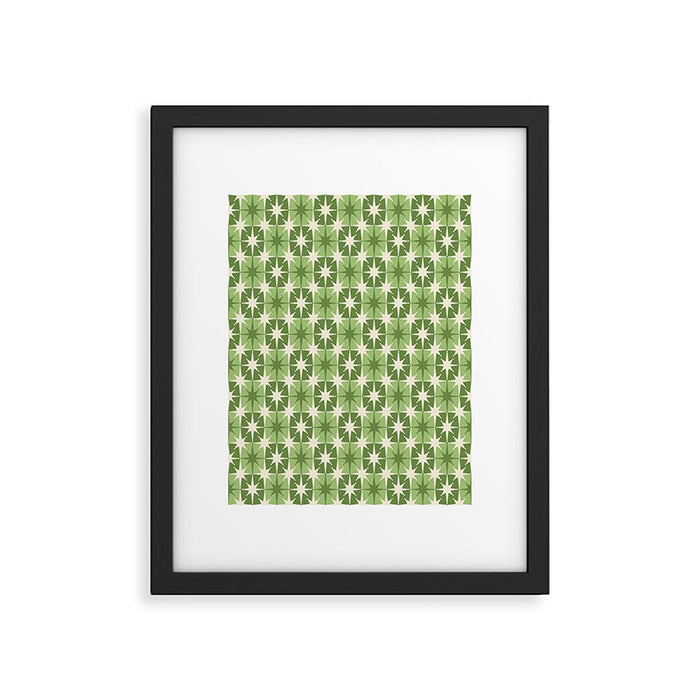 Mid Century Modern Atomic Stars Retro Checkered Starburst Pattern Sage Olive Green Framed Art Print Gallery Image 1