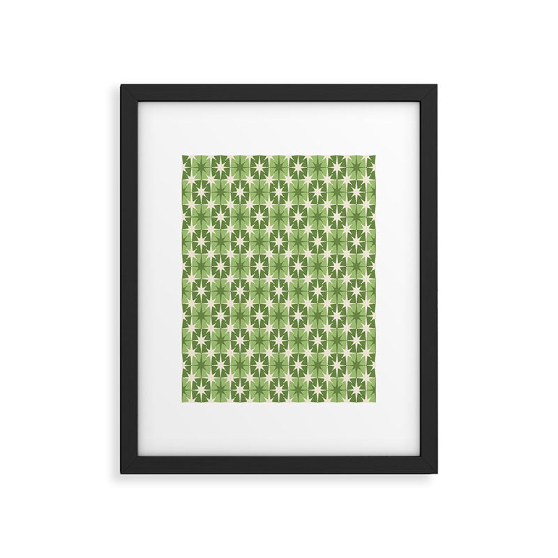 Mid Century Modern Atomic Stars Retro Checkered Starburst Pattern Sage Olive Green Framed Art Print Gallery Image 5