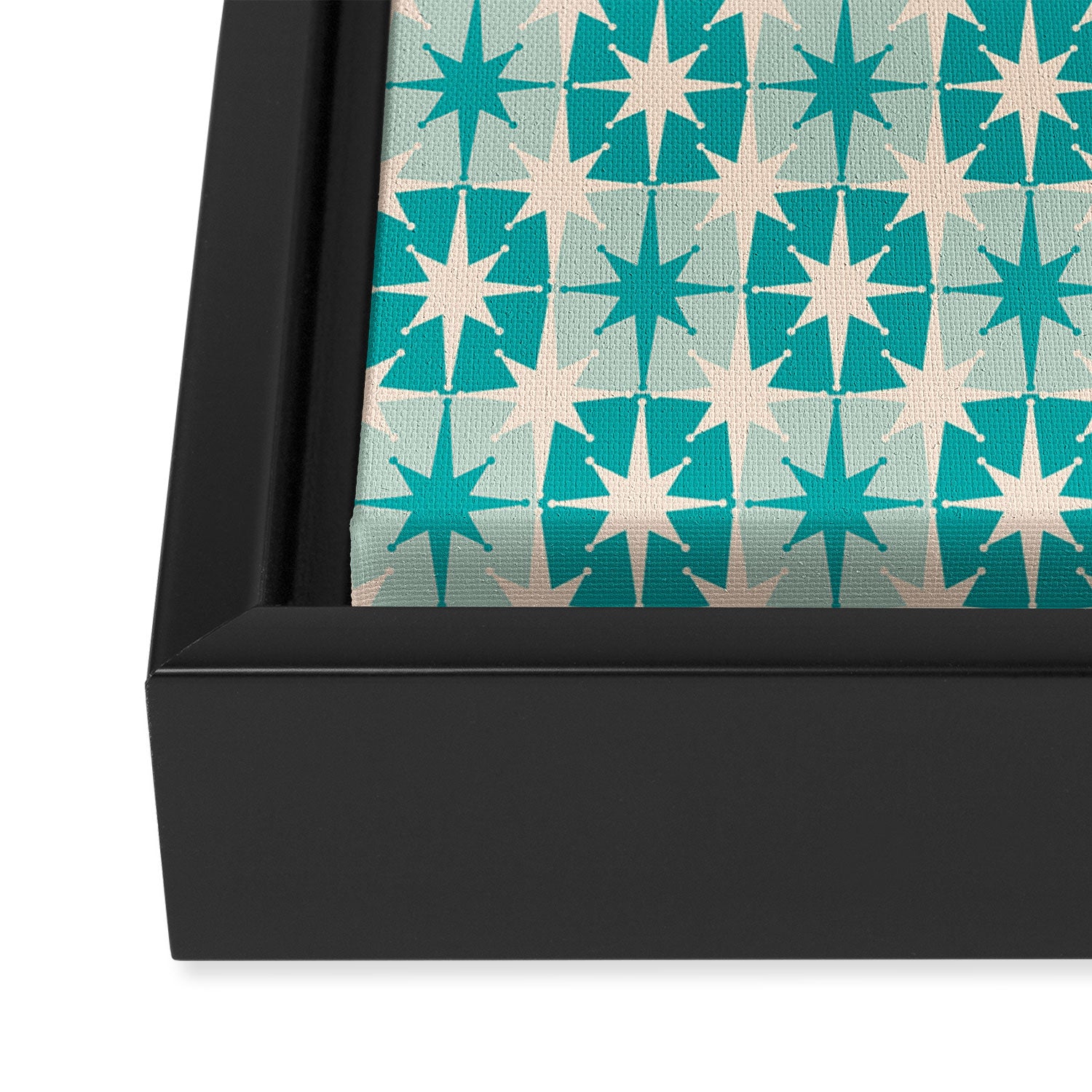 Mid Century Modern Atomic Stars Retro Checkered Starburst Pattern Turquoise Aqua Teal Framed Canvas Print Gallery Image 3